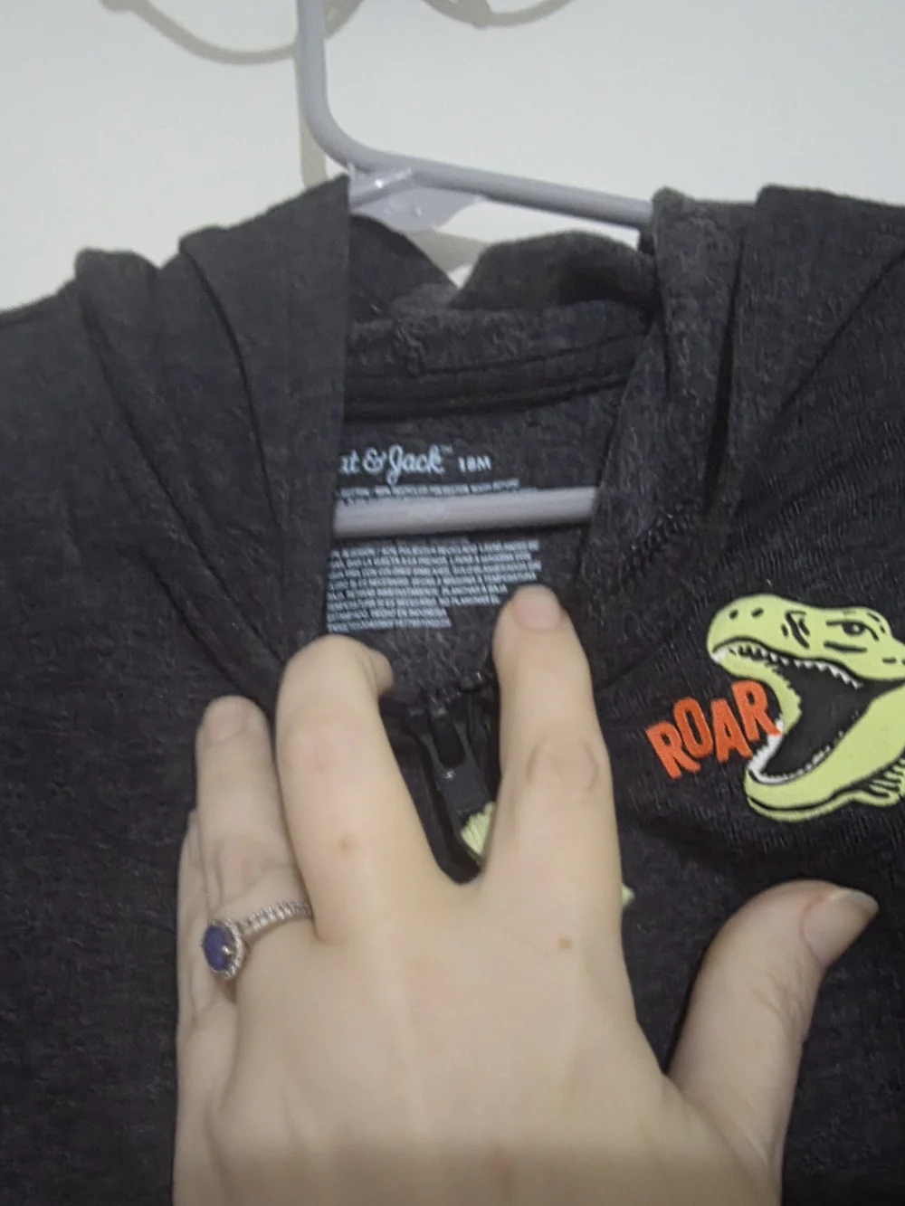 Kids Dark Gray Zip Hoodie with Neon Green Dino Accent